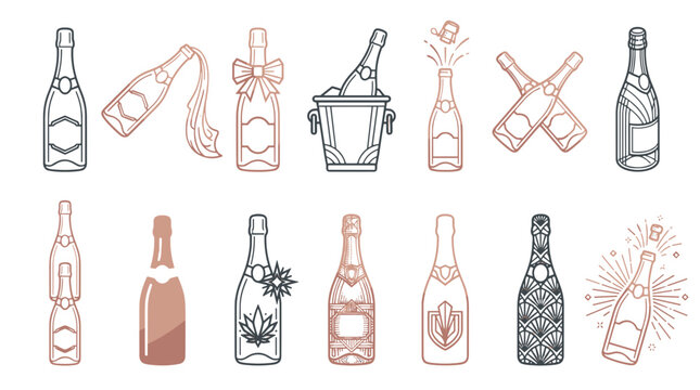 Collection of handdrawn champagne bottles and glasses for celebration themes