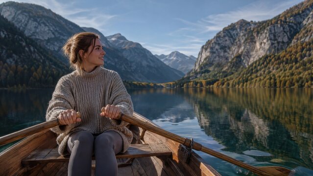 Digital Detox auf dem Bergsee: Junge Frau rudert im Holzboot durch eine ruhige Berglandschaft und genie&szlig;t Natur, Freiheit, Achtsamkeit und eine bewusste Auszeit ohne Smartphone.
