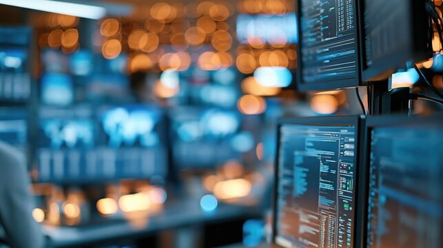 Several computer monitors show different data and screens in a busy workspace with blurred lights