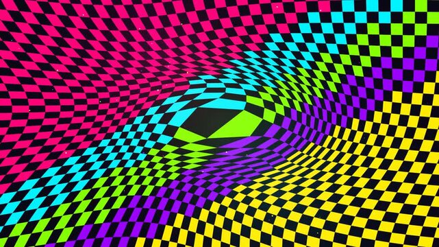 Neon checkerboard warp background, psychedelic retro motion loop, vibrant abstract optical illusion pattern for dynamic visual