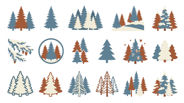 Collection of winter forest trees with snow and pinecones