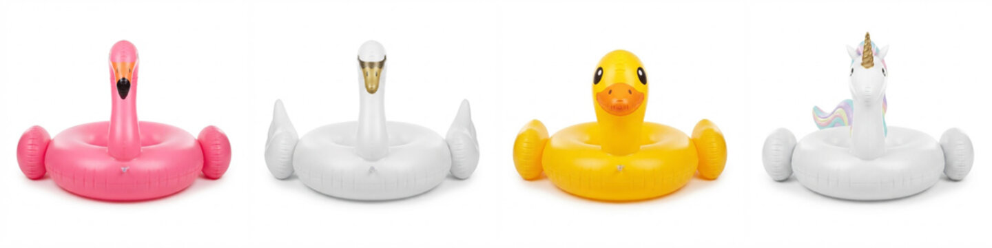 Pool floats set in animal shapes isolated on white background, featuring inflatable pink flamingo, white swan, yellow duck, and magical unicorn swim rings for summer vacation design