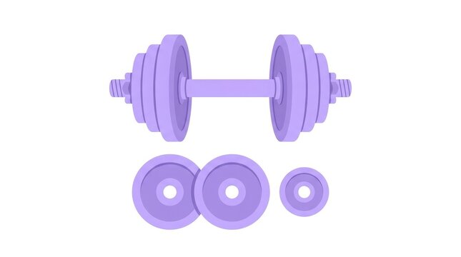 Purple dumbbells and weight plates isolated on a white background