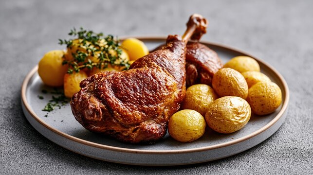 Crispy duck leg confit is served alongside roasted potatoes and herbs on a ceramic plate