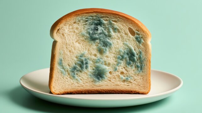 A slice of bread shows mold spots resting on a flat plate. Bright lighting highlights details
