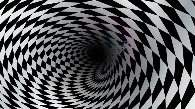 Hypnotic black and white checkered tunnel motion background, abstract optical illusion spiral animation for creative projects
