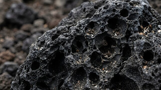 Porous black volcanic rock displays intricate textures and sharp details on the rugged surface within this natural geological formation landscape