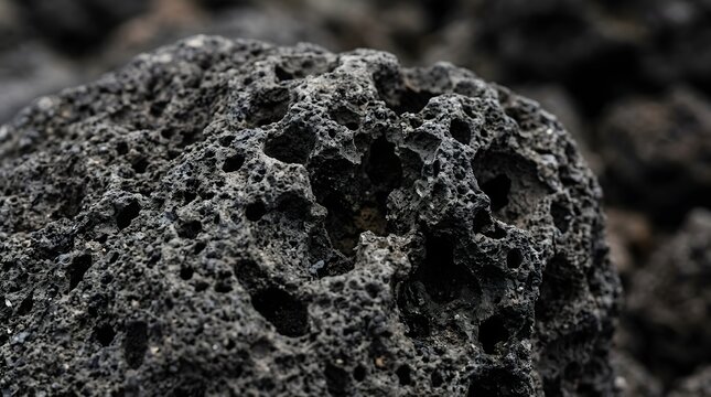 Porous black volcanic basalt rock showing intricate rough textures captured with shallow depth of field in natural outdoor sunlight conditions