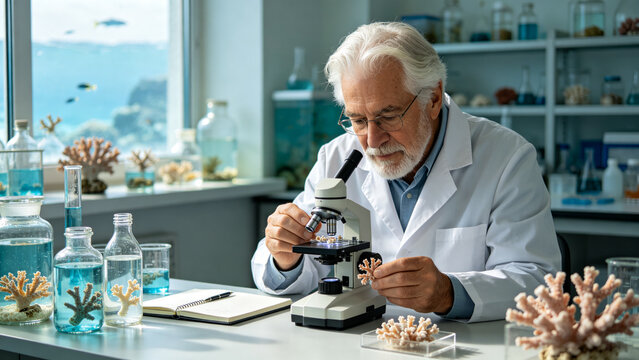 Senior Marine Biologist Studying Coral Samples In Ocean Science Lab