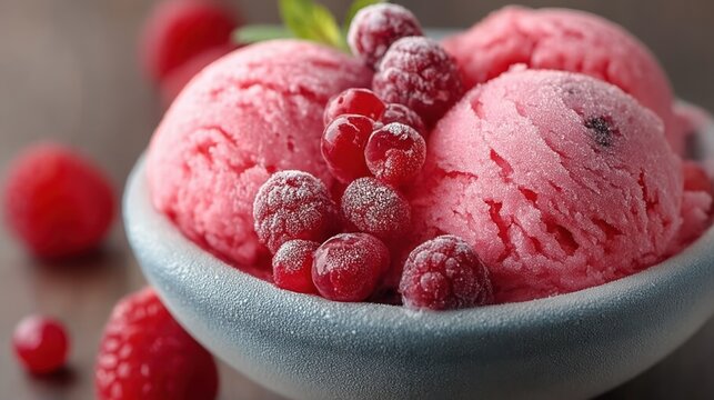Cold sweet dessert with raspberry sorbet and fresh berries in a bowl during summertime