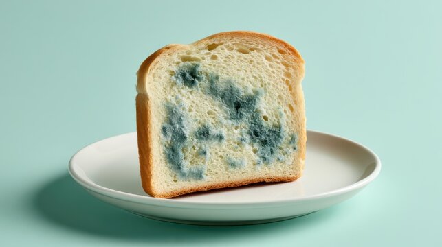 A slice of bread with blue-green mold on a plate against a teal background