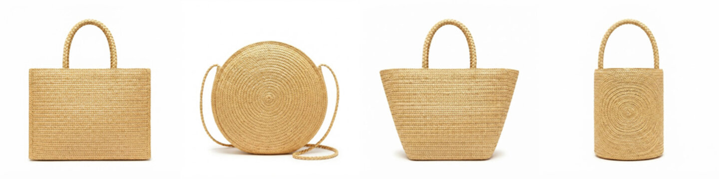 Straw bag collection in various geometric shapes isolated on white, featuring natural woven wicker and raffia textures for summer vacation retail and stylish beach fashion