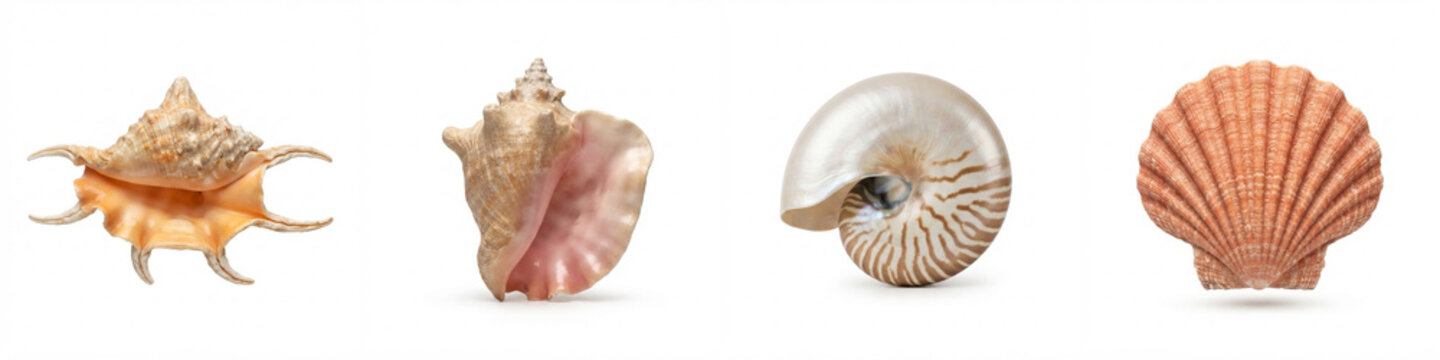 Seashells set isolated on white background featuring spider conch, pink queen conch, nautilus, and ribbed scallop shell in studio lighting for summer travel and coastal decor designs