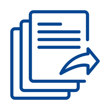 Blue outline icon of stacked documents with an arrow symbol indicating file transfer or export transparent background