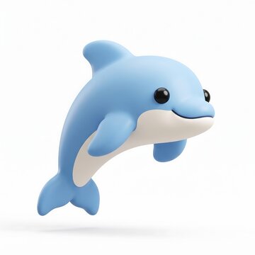 Cute 3D blue dolphin character jumping against a white background with adorable cartoon dolphin rendered