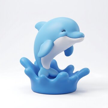 Cute 3D blue dolphin jumping out of water splash with marine life 3D character cute animal blue color