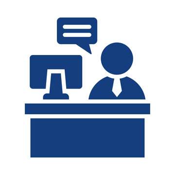 Flat blue icon representing a professional customer service representative working at computer desk transparent background