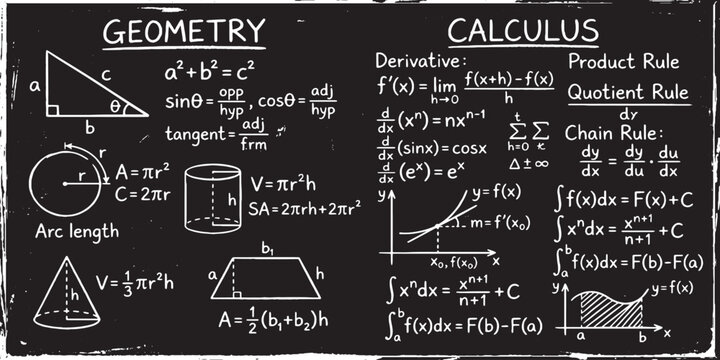 Blackboard chalk math background with geometry shapes calculus formulas and scientific equations vector illustration.