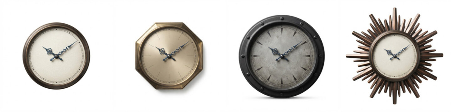 Vintage wall clocks set on white background featuring metallic bronze, brass, octagonal, industrial, and sunburst designs for elegant interior decor, home styling, and advertising