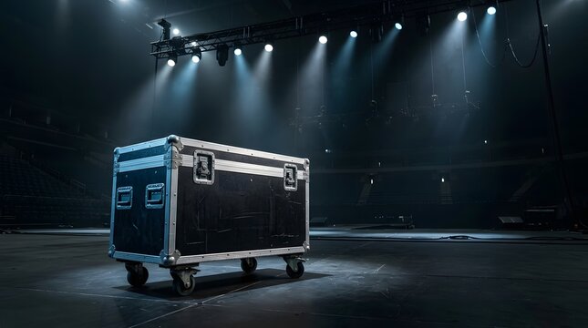 Flight case on stage in dark arena