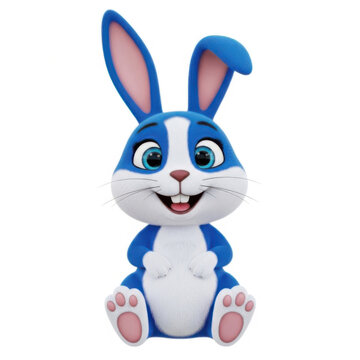 Cute Smiling Cartoon Rabbit with Blue Ears Sitting 3D Render