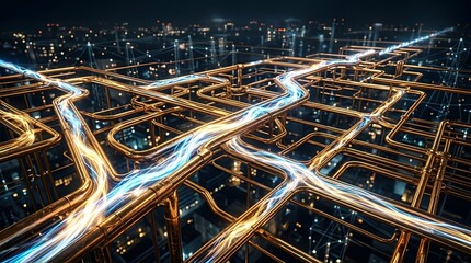 Fototapeta premium Golden metallic pipeline network conducting glowing blue energy streams across a blurred urban cityscape during deep night time aerial view