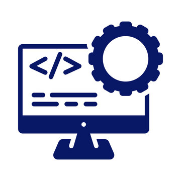 Flat icon representing software development with a computer screen and a gear symbol isolated on a white background transparent background