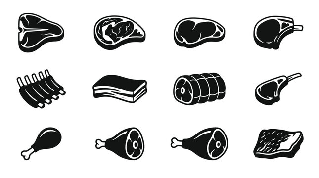 Monochrome meat vector illustration collection featuring diverse raw steak cuts and various delicious protein food icons