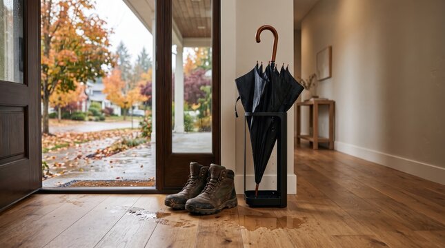 Wet boots and a closed umbrella in a cozy home entryway beside an open door, representing rainy autumn weather