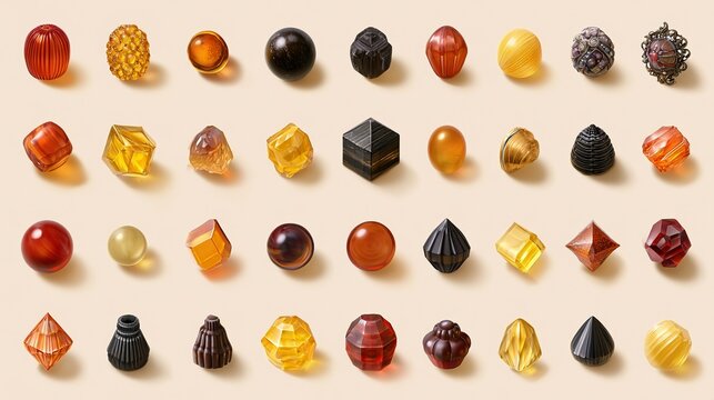 Assortment of various shaped and sized polished amber gemstones with warm earthy tones arranged on neutral light beige background, unique natural gem collection
