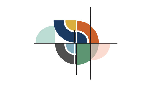 Minimalist abstract art piece with intersecting black lines and colorful semi-circle shapes on a white background.