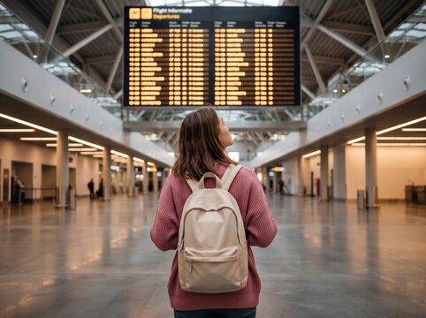 Woman with backpack checking flight status board in airport hall