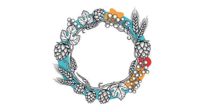 Artistic hand-drawn wreath of brewing ingredients like hops, wheat stalks, and berries with colorful abstract shapes in the background.