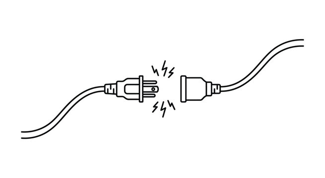 Power plug disconnection illustration. Electrical outlet and unplugged cord design with energy sparks, household electricity, cable connection, power supply, and safety warning concept.
