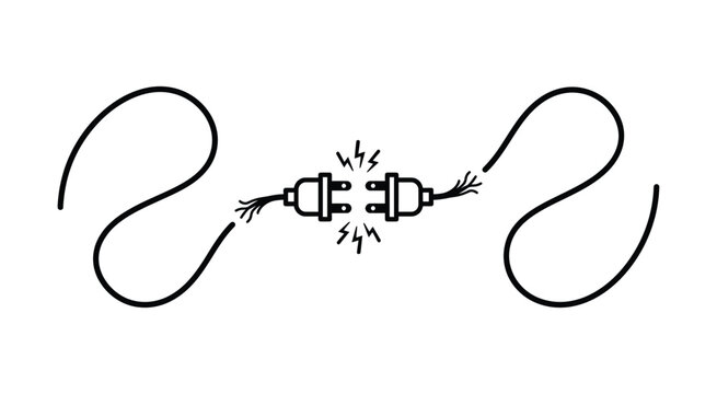 Power plug disconnection illustration. Electrical outlet and unplugged cord design with energy sparks, household electricity, cable connection, power supply, and safety warning concept.