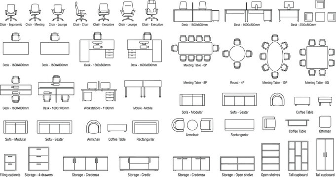 Office furniture top view and elevation symbols set vector illustration
