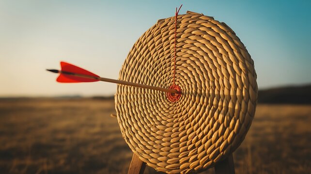 Close-up of a traditional straw archery target with a red arrow striking the center bullseye, dramatic outdoor landscape at golden hour, precision and achievement concept, success, target.
