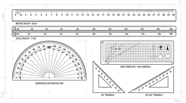 Technical drawing tools set with metric ruler protractor and triangles