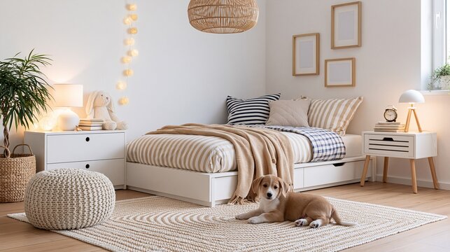 Cozy neutral kids bedroom with single bed, cute corgi puppy on woven rug, empty wooden frames, warm string lights and natural home decor