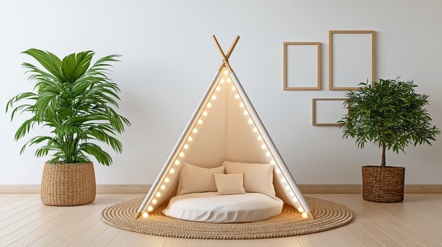 Bohemian style kids play nook with beige teepee tent decorated with string lights, large green potted plants and empty wooden frames on light wall