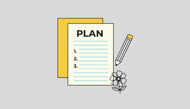 Conceptual graphic of a plan sheet with a numbered list, a classic pencil, and a delicate hand-drawn flower.