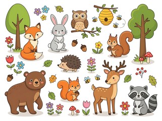 Obraz premium Colorful vector illustration of cheerful woodland animals in a forest setting