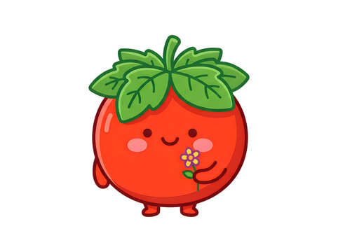 Cute cartoon tomato character holding a small white flower on a clean white background for kids design
