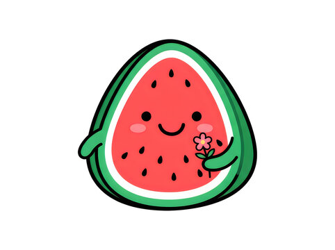 Cute cartoon watermelon slice character holding a small pink flower isolated on a white background