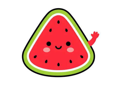 A cute cartoon watermelon slice character with a happy face waving hello on a white background
