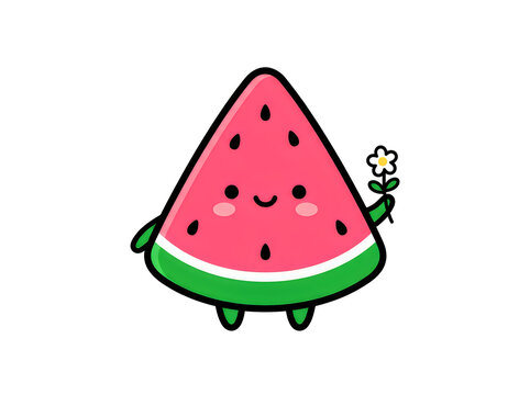 Cute cartoon watermelon slice character holding a small white flower on a clean white background
