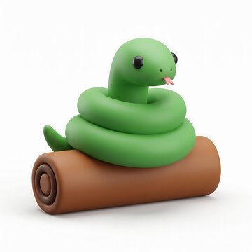 3D Green snake curled up on a brown wooden log with reptile toy cute snake serpent figure wildlife icon
