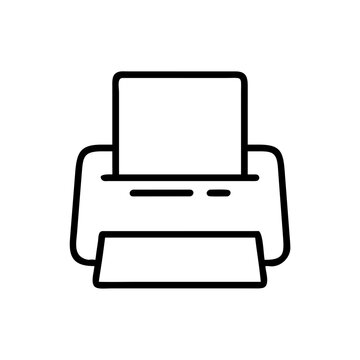 Desktop printer icon for office document printing and paperwork, thin line outline symbol for computer peripheral and hardware
