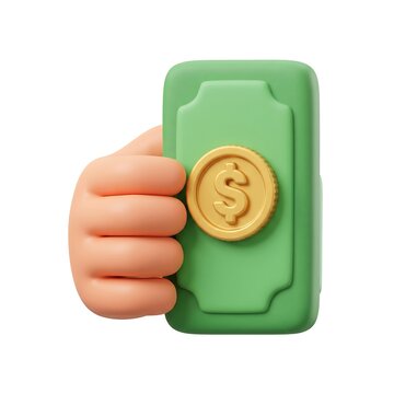 3D cartoon hand holding a green banknote with a golden dollar coin symbol dollar sign wealth management