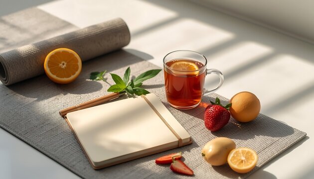A peaceful morning scene shows a rolled yoga mat, a notebook, a glass of tea, and fresh fruits bathed in sunlight.